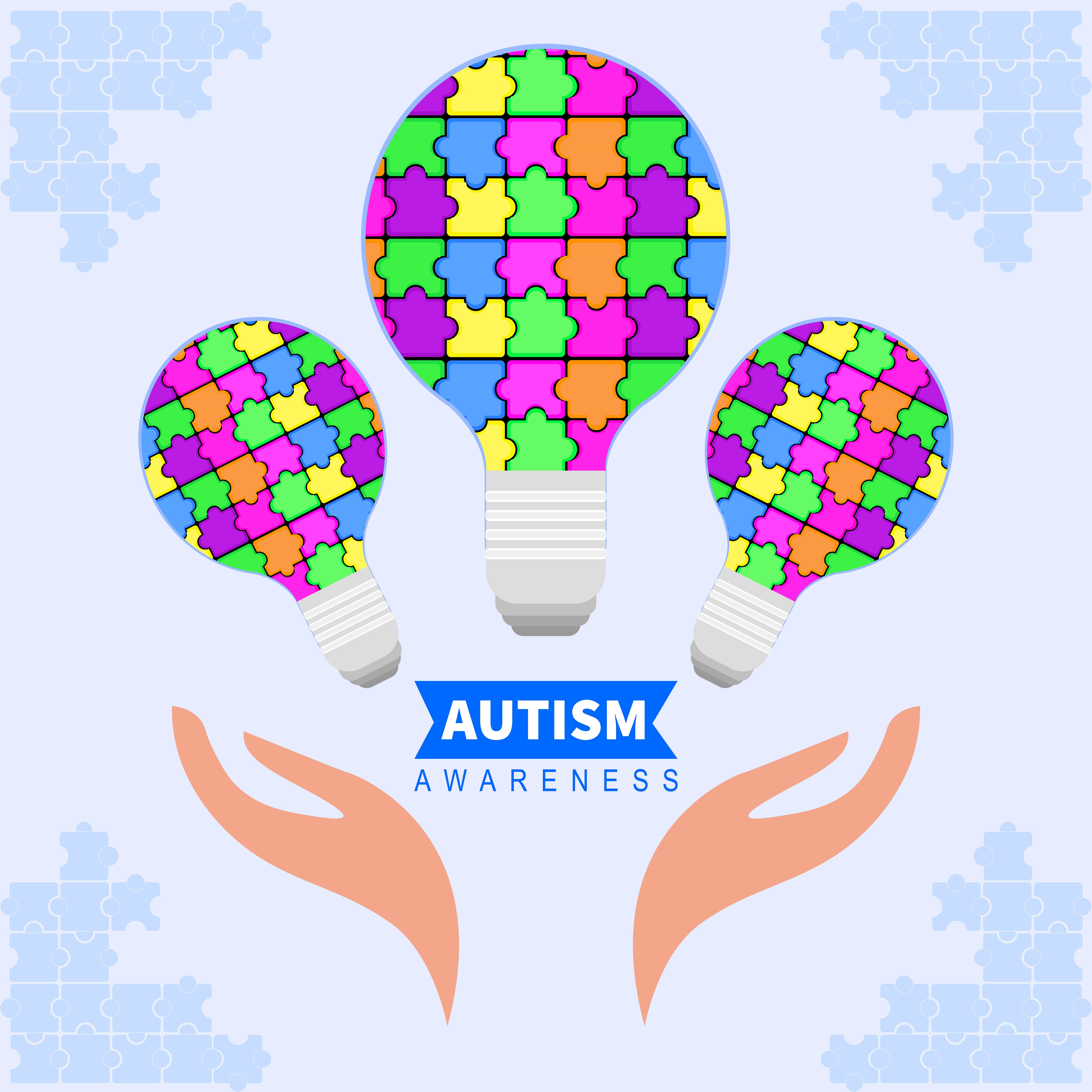 Autism Awareness vector with puzzle pieces in human hands