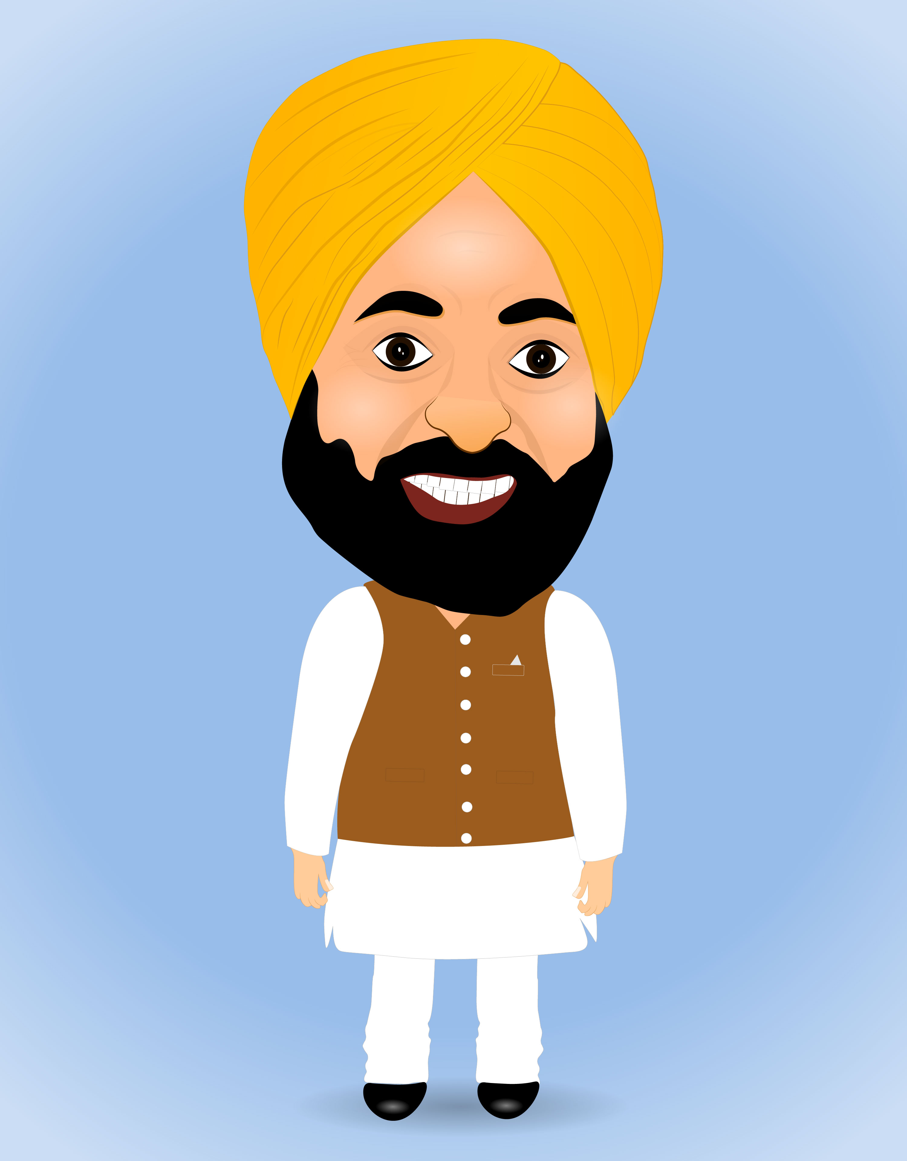 Bhagwant Mann caricature illustration in kurta pazama, smile on face.