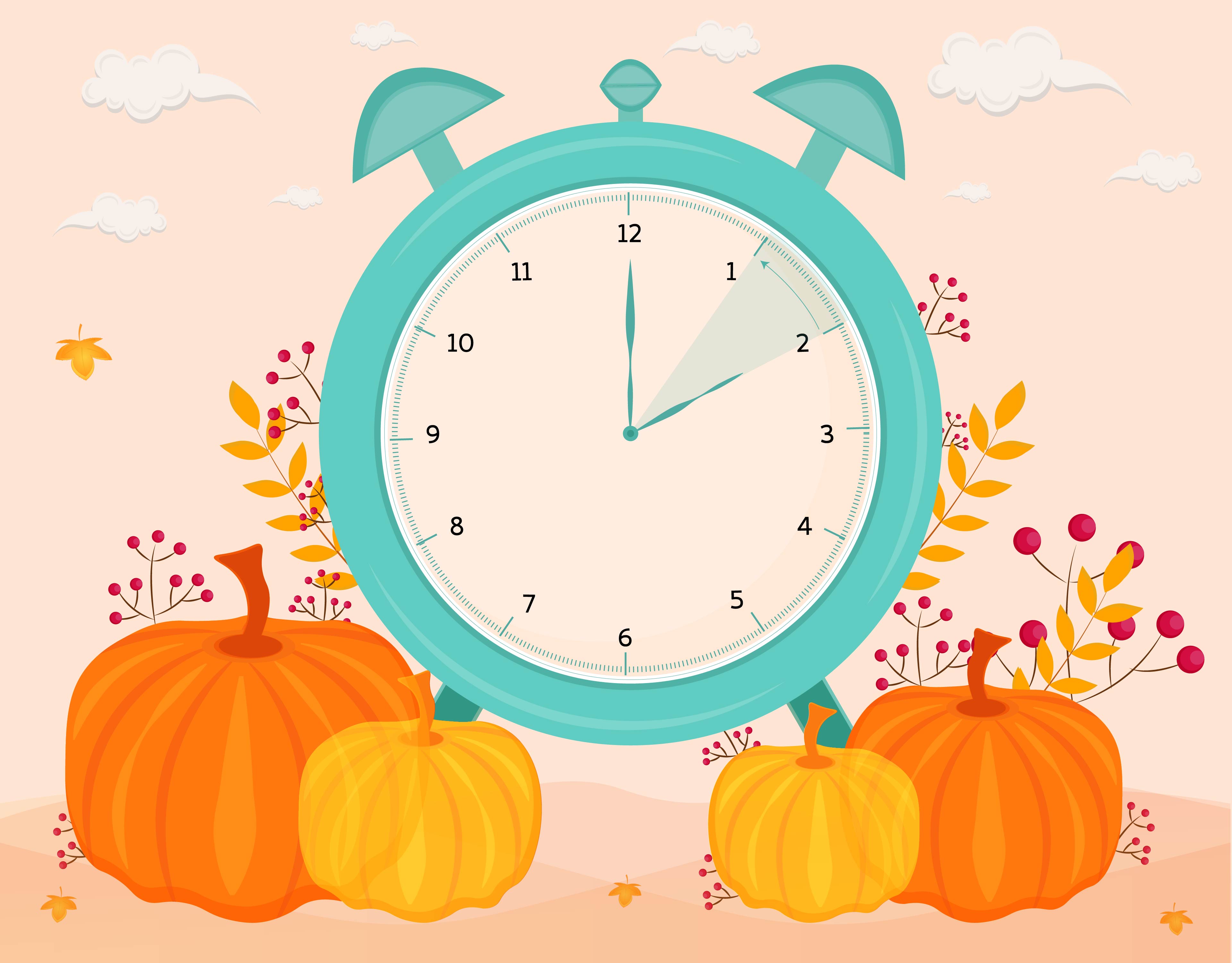 Fall Back time. Alarm clock with autumn leaves, branches and pumpkins. Vector illustration