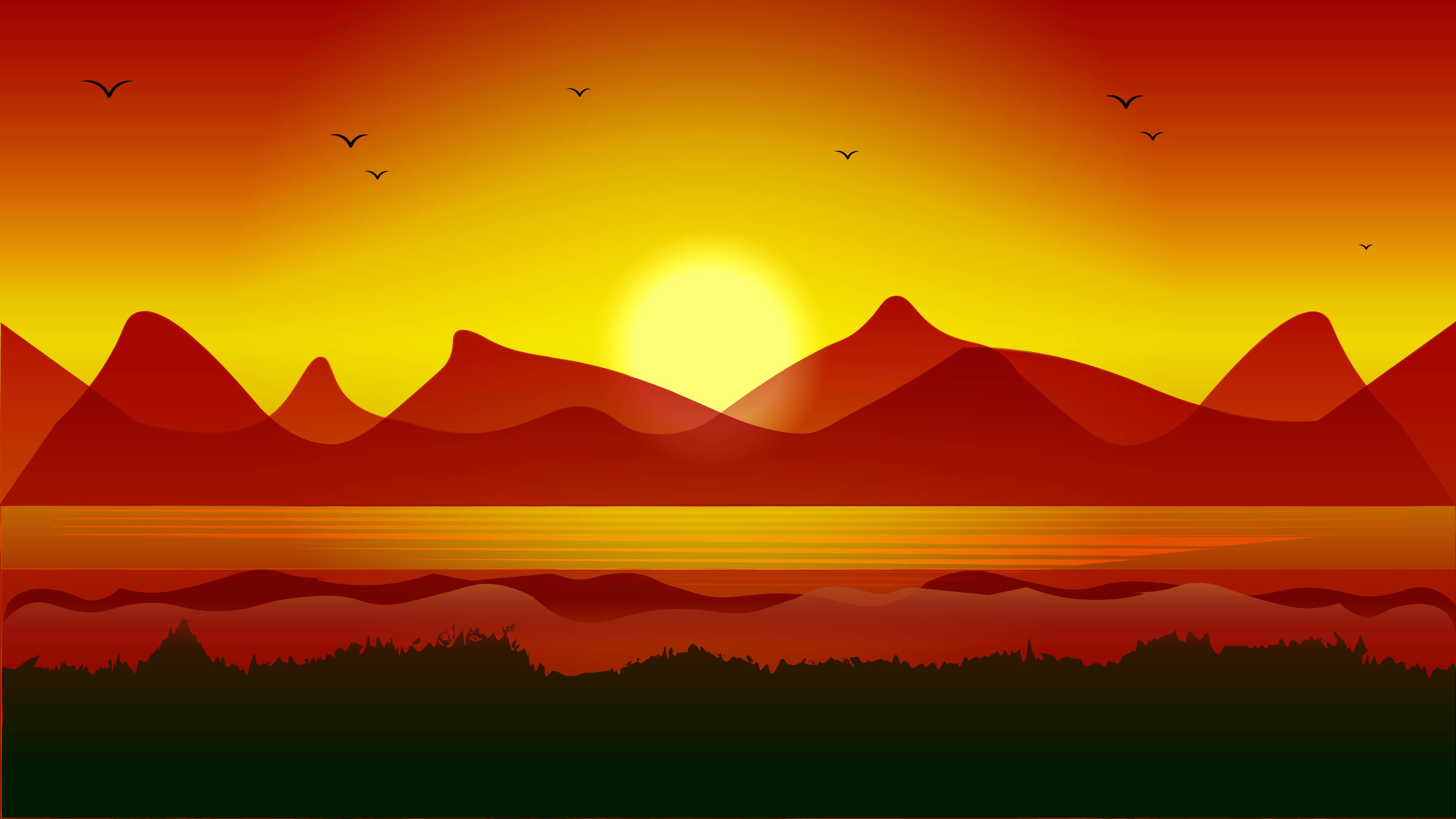 Vector sunset in the huge mountains,lake and valley in flat wild nature