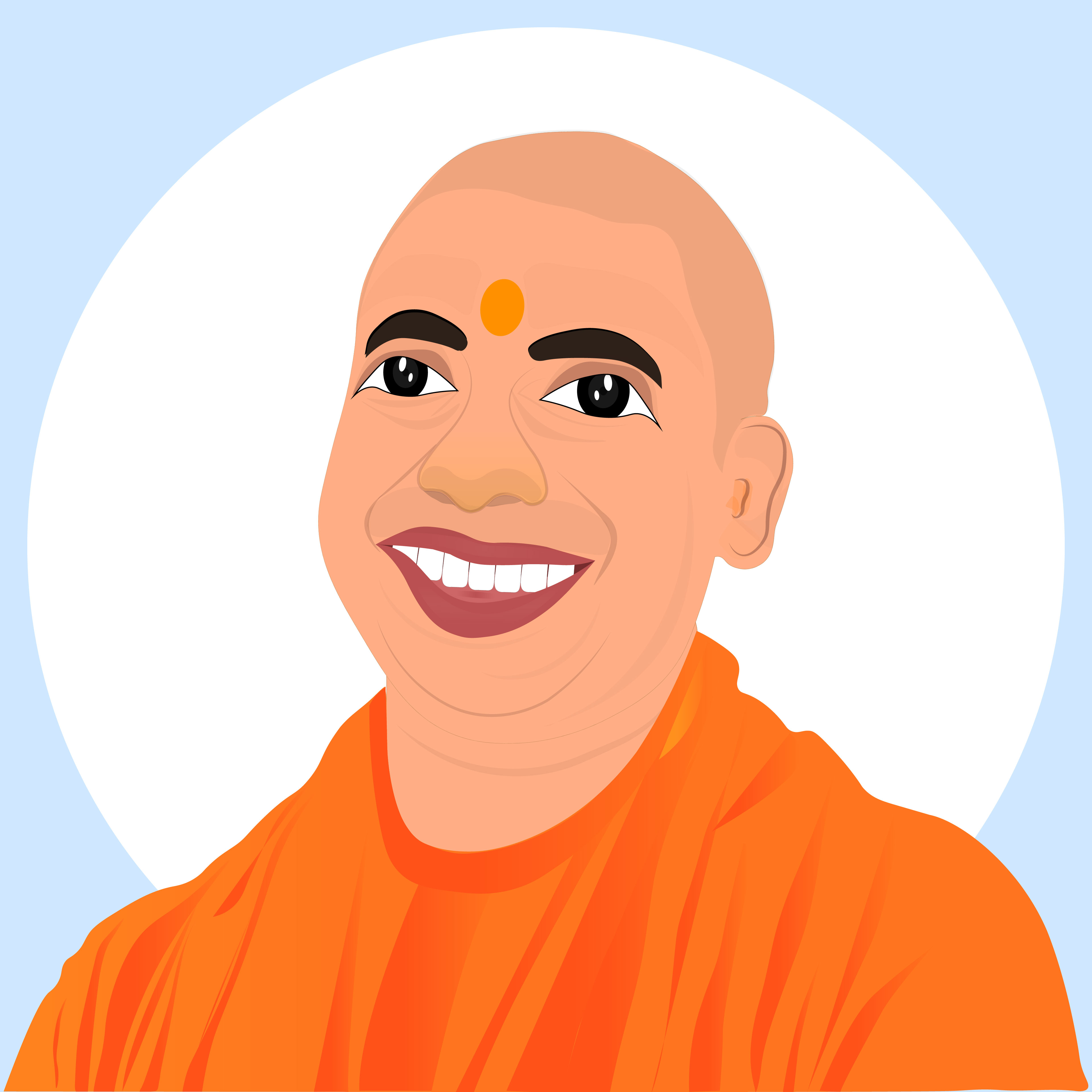 Yogi Adityanath caricature wearing orange clothes, smiling face.