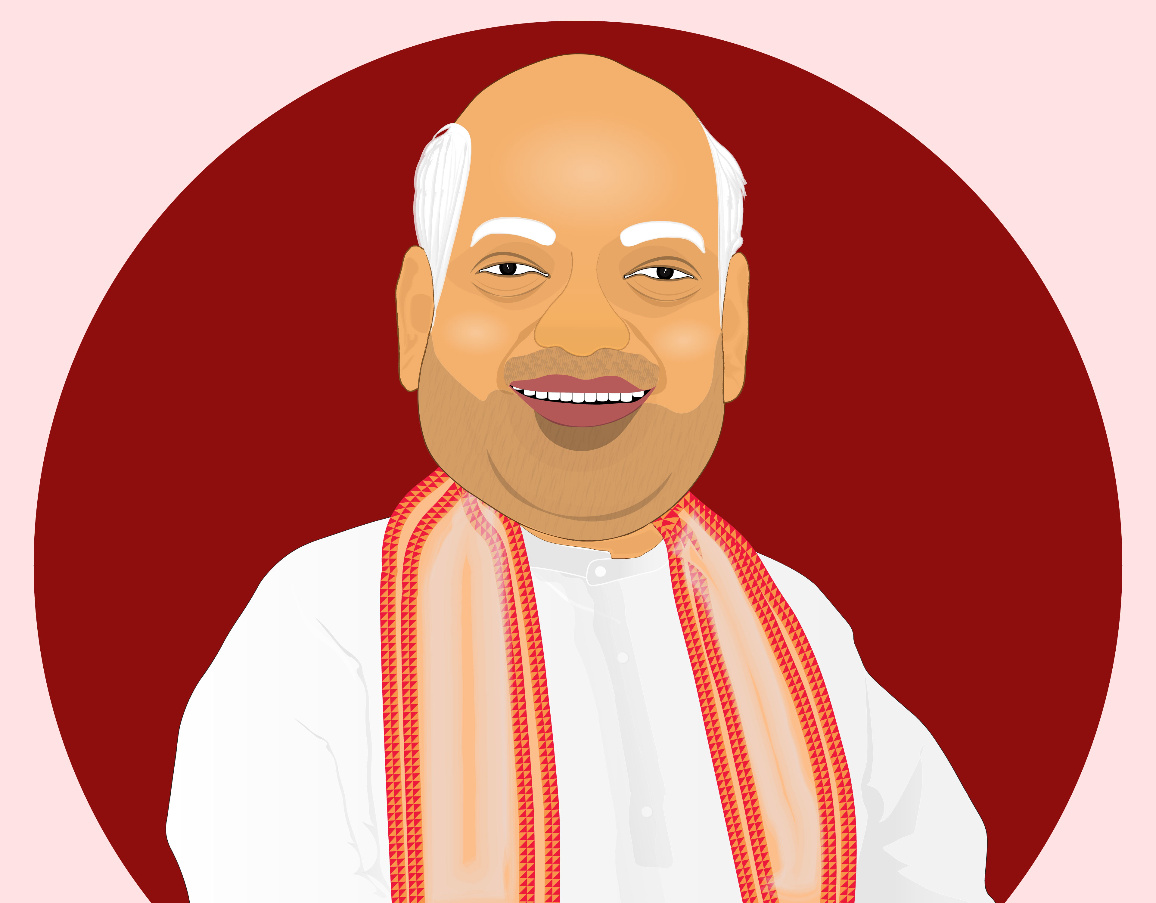 Amit Shah illustration, red circle shape, light background.