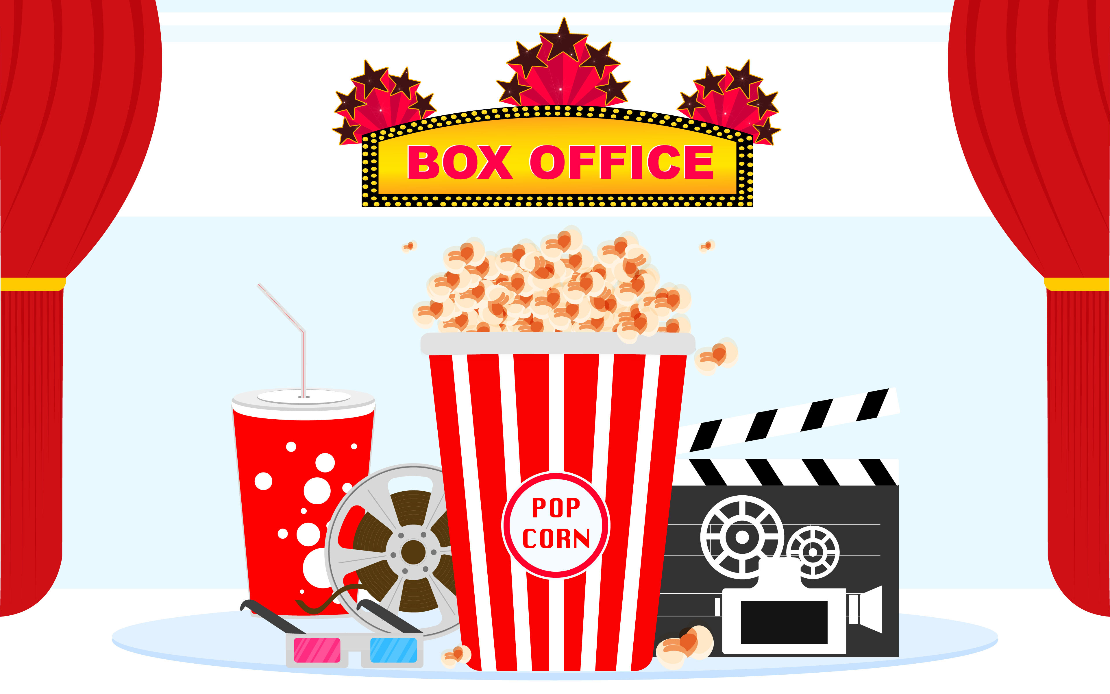 Popcorn and drink. Film strip border. Cinema movie night icon in flat design style.