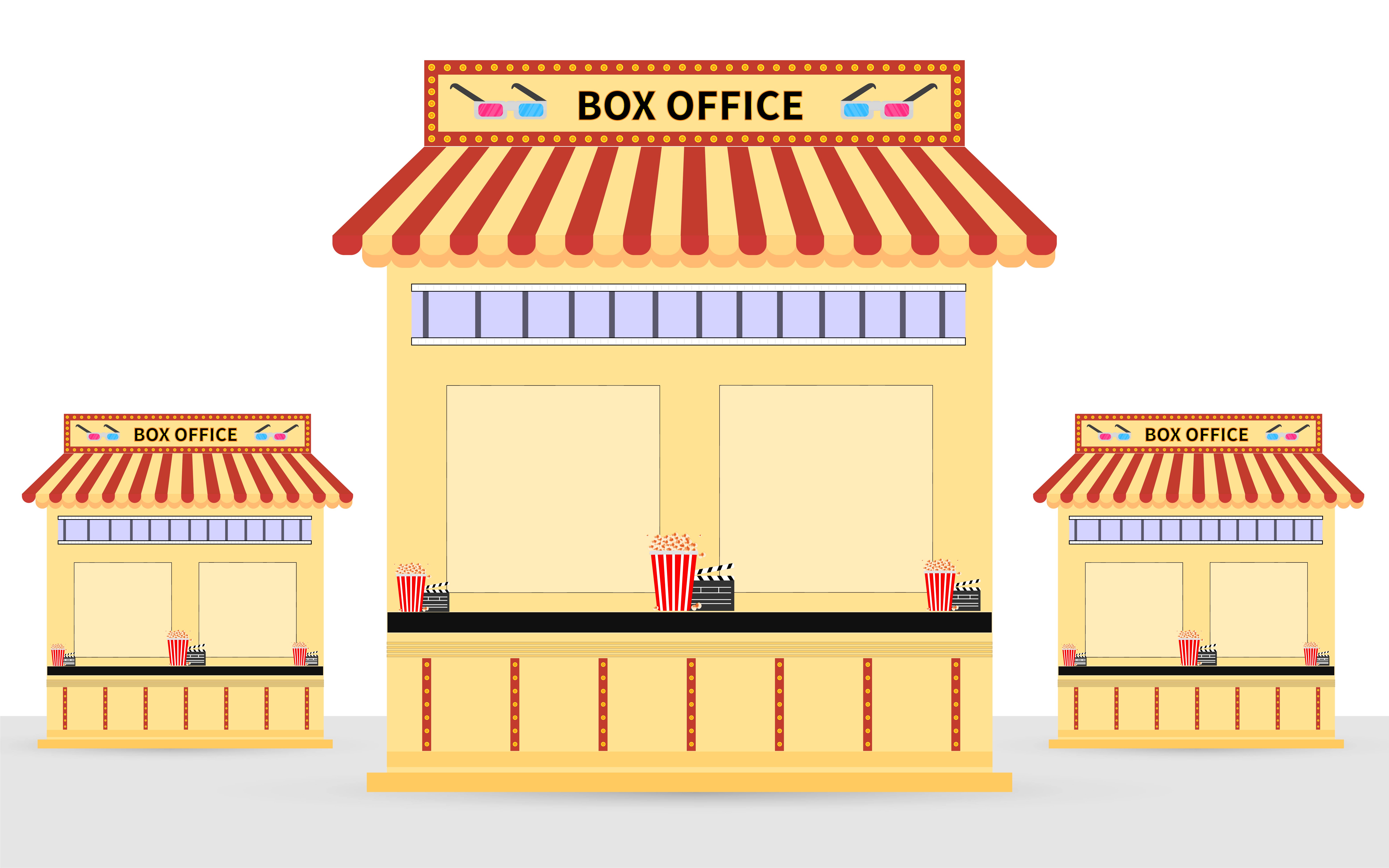 Ticket box office illustration with cinema items -popcorn, soda, ,clapper, movie film strips.