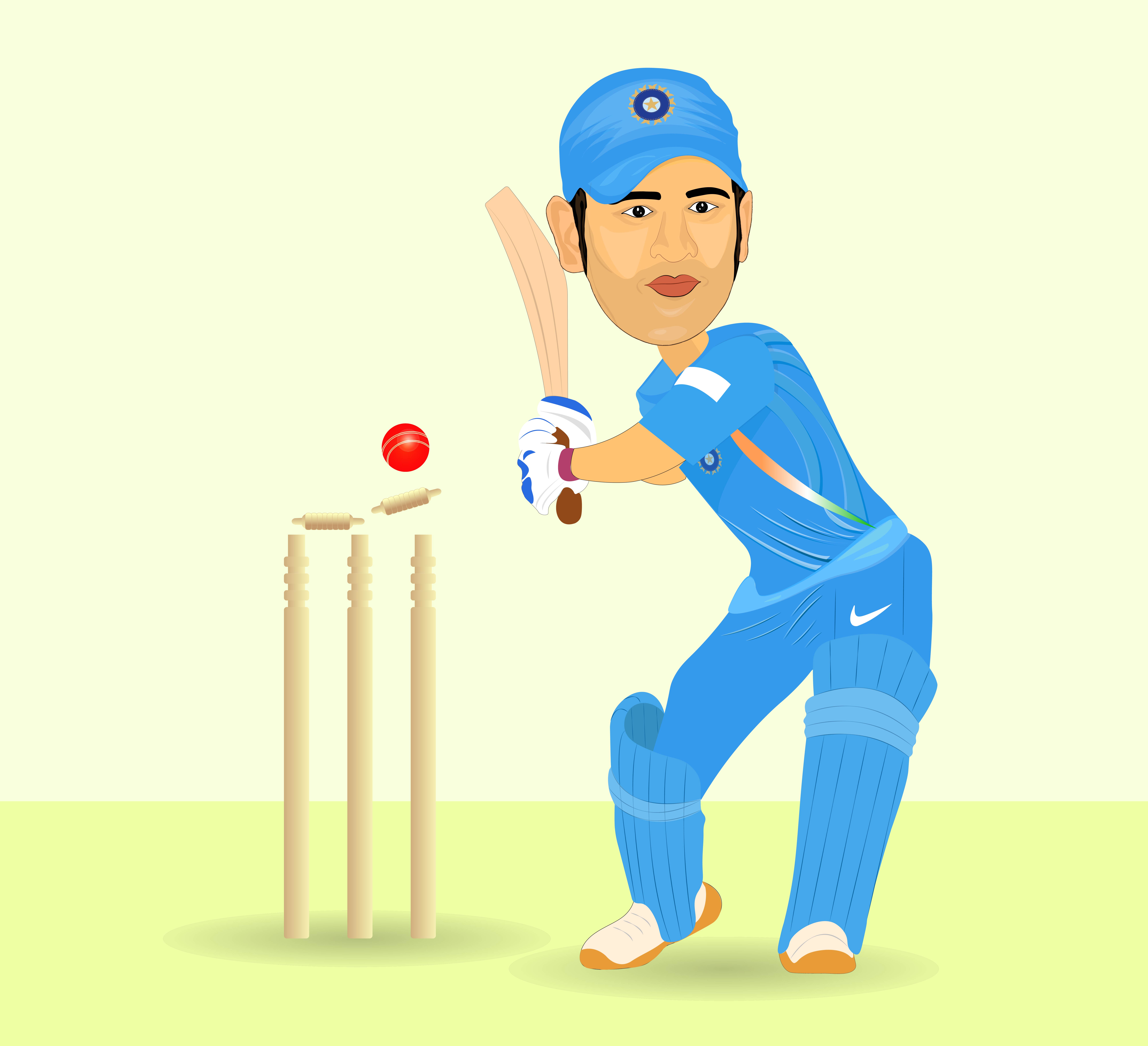 MS Dhoni , former international cricketer vector illustration, Wickets,bat, ball, india cricket player.