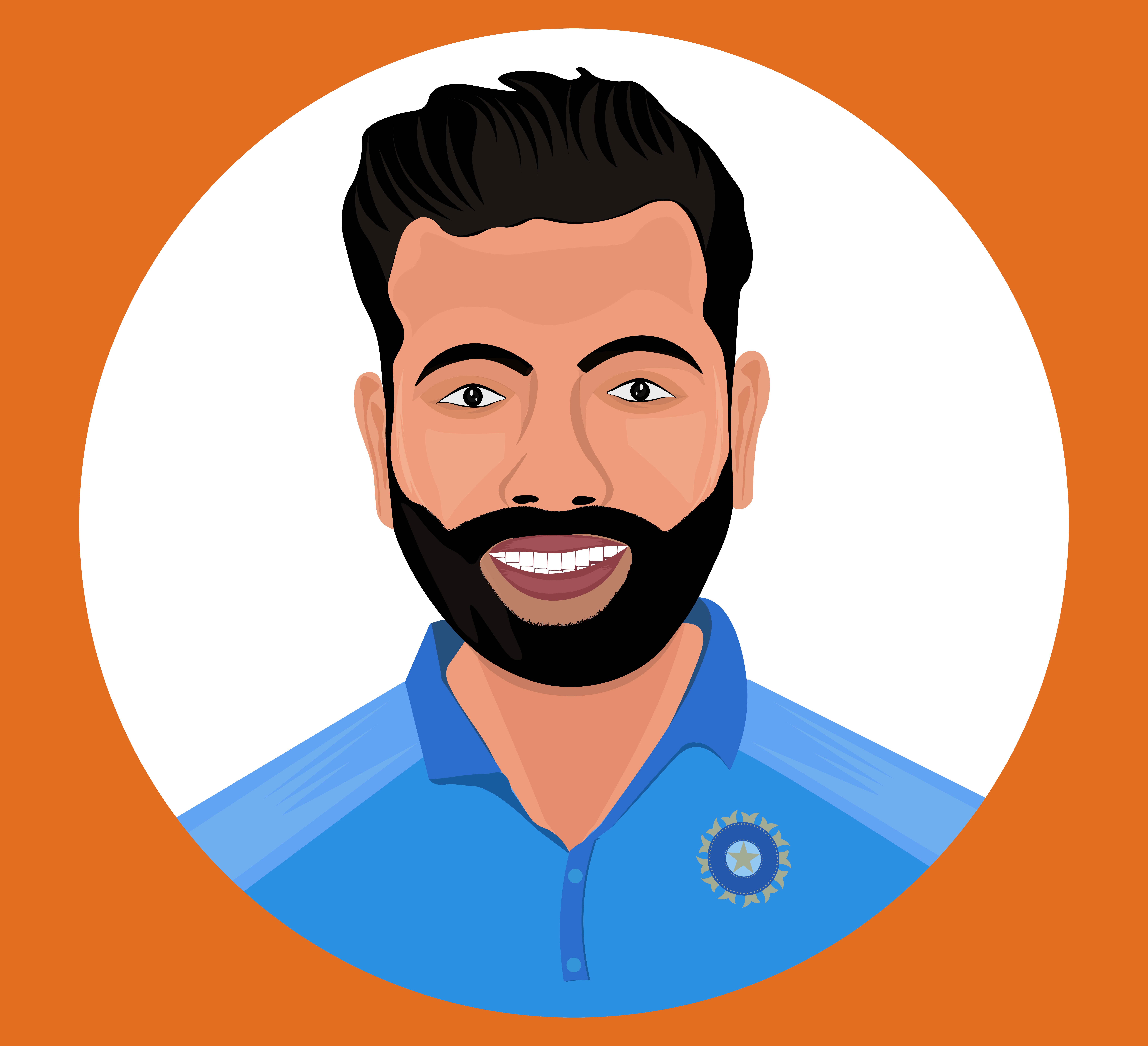 Indian Cricket player Rohit Sharma Caricature, cartoon illustration wearing blue jersey.